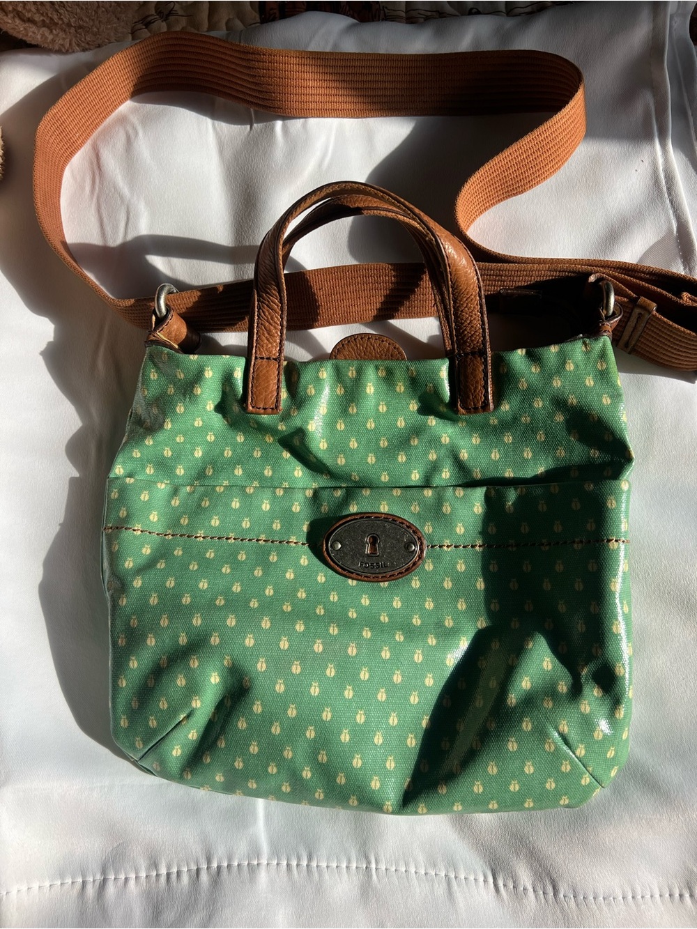 Fossil Green Pineapple-Print Crossbody with Brown Trim